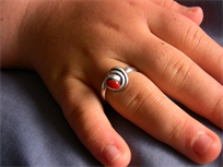 Silver conch stryle ring, fine silver .999+, size 6.5, Italian red coral bead